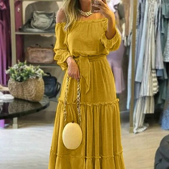 Dresses & Skirts - Yellow Casual Women's Off Shoulder Long Sleeve Belted Elegant Dress